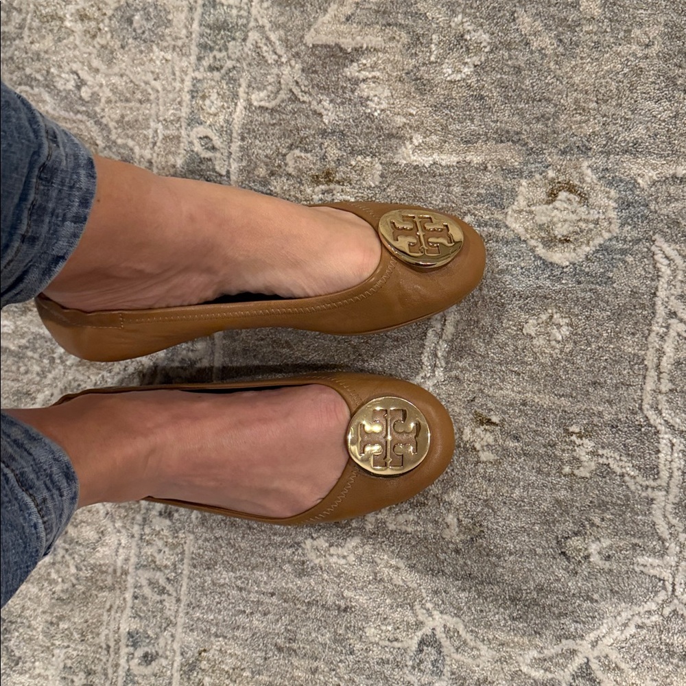 Tory Burch Tan Leather Flats with Gold Logo